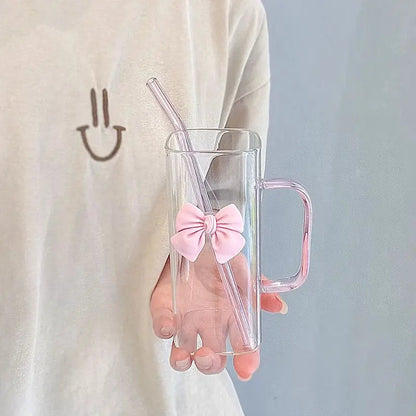 Cute Glass Mug with Bow & Straw