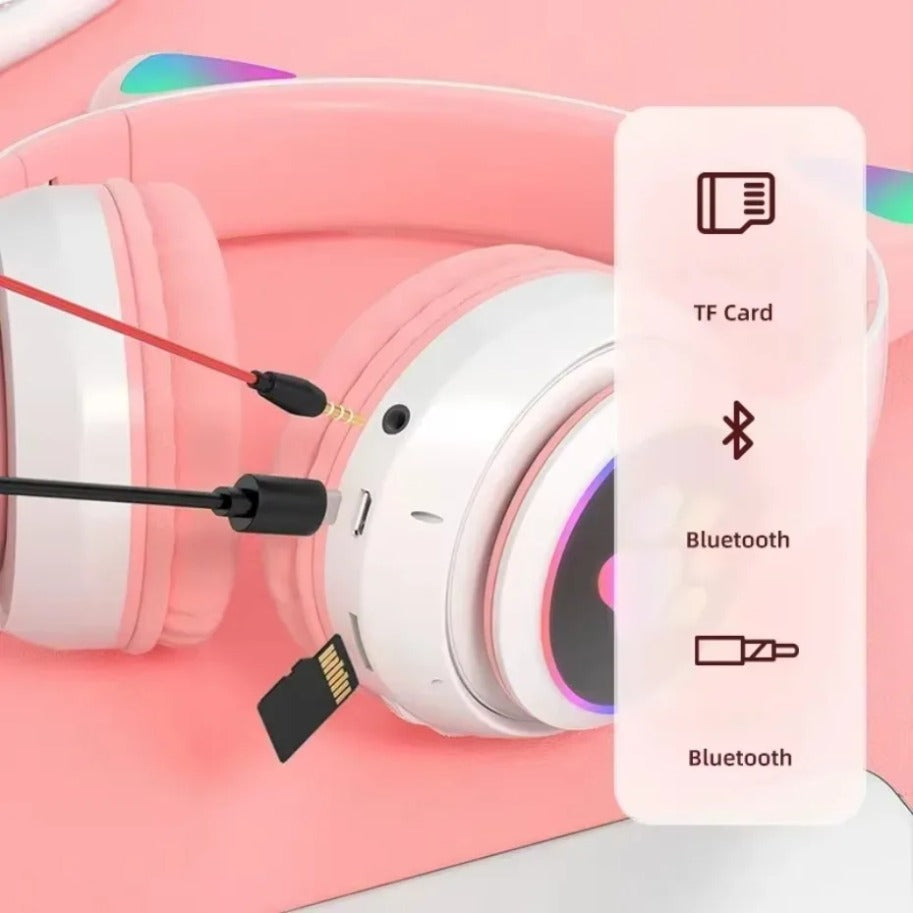 Premium STN-28 RGB Cat Ear Wireless Bluetooth Headphones with LED Light