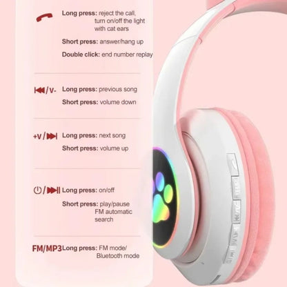 Premium STN-28 RGB Cat Ear Wireless Bluetooth Headphones with LED Light